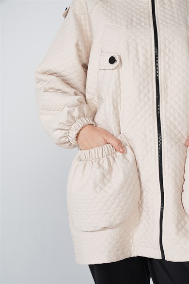 Bella Kapitone Kumaş Fermuar Ve Cep Detaylı Ceket Taş