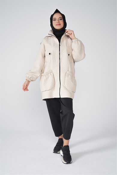 Bella Kapitone Kumaş Fermuar Ve Cep Detaylı Ceket Taş