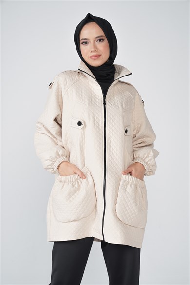 Bella Kapitone Kumaş Fermuar Ve Cep Detaylı Ceket Taş