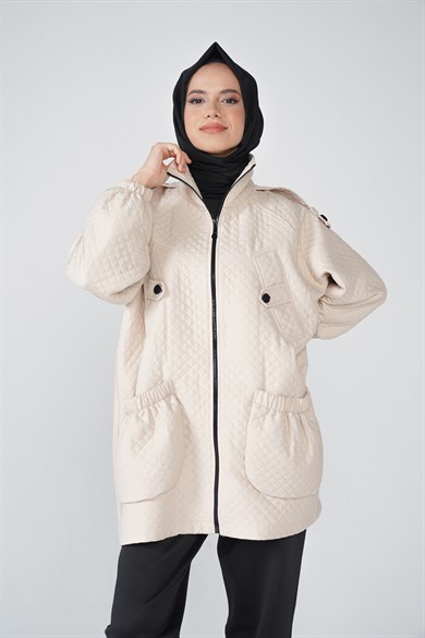 Bella Kapitone Kumaş Fermuar Ve Cep Detaylı Ceket Taş