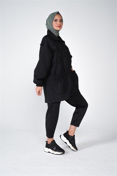 Bella Kapitone Kumaş Fermuar Ve Cep Detaylı Ceket Siyah
