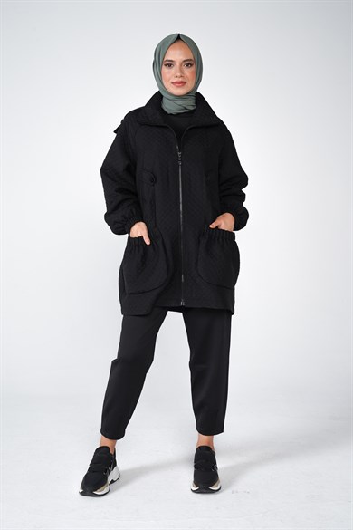 Bella Kapitone Kumaş Fermuar Ve Cep Detaylı Ceket Siyah