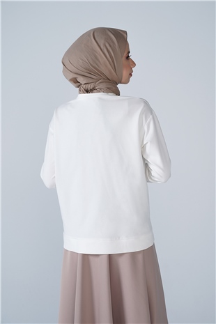 Bisiklet Yaka Basic İki İplik Sweat Ekru