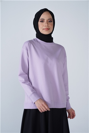 Bisiklet Yaka Basic İki İplik Sweat Lila