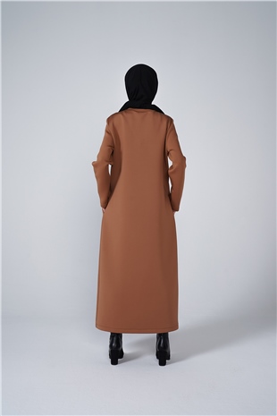 Cep Detaylı Puf Kumaş Uzun Elbise Taba