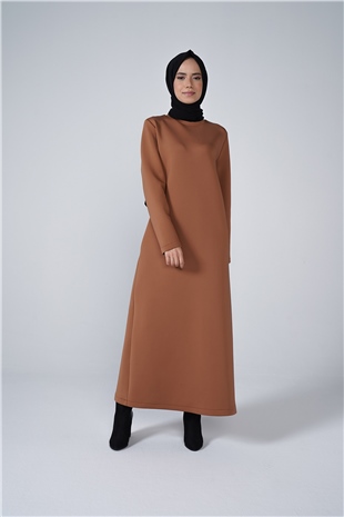 Cep Detaylı Puf Kumaş Uzun Elbise Taba