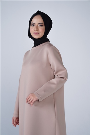 Cep Detaylı Puf Kumaş Uzun Elbise Vizon