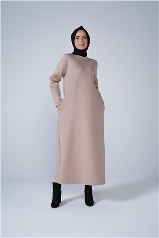 Cep Detaylı Puf Kumaş Uzun Elbise Vizon