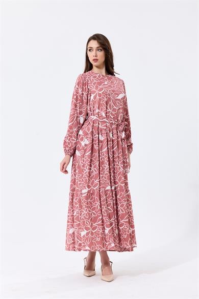 Çiçek Desenli Bisiklet Yaka Beli Kuşak Detaylı Krep Kumaş Flora Uzun Elbise Pembe 