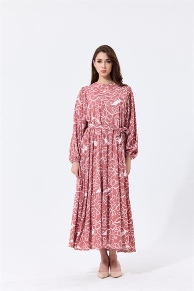 Çiçek Desenli Bisiklet Yaka Beli Kuşak Detaylı Krep Kumaş Flora Uzun Elbise Pembe 