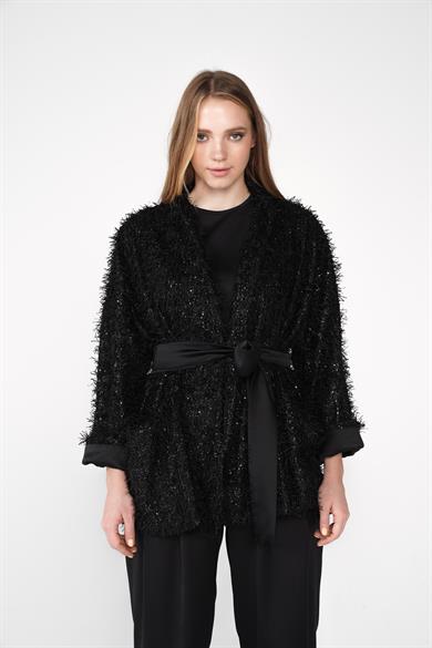 Dokuma Kumaş Kırçıllı Bel Kuşak Detaylı Simli Hırka Ceket Siyah