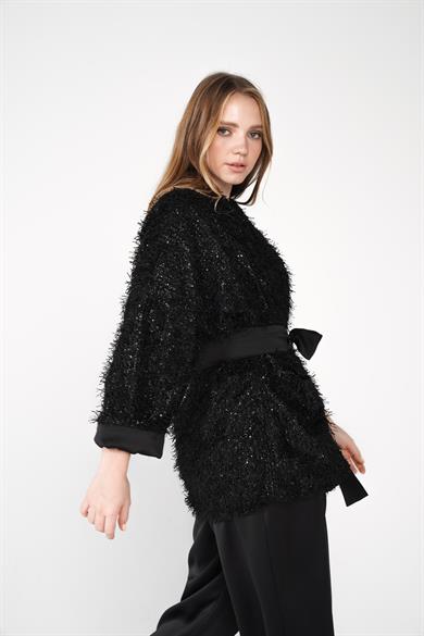 Dokuma Kumaş Kırçıllı Bel Kuşak Detaylı Simli Hırka Ceket Siyah