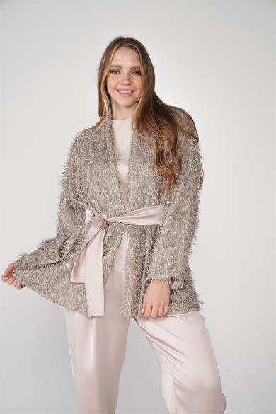 Dokuma Kumaş Kırçıllı Bel Kuşak Detaylı Simli Hırka Ceket Taş