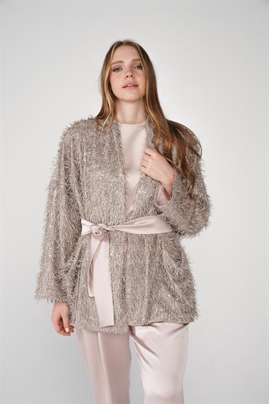 Dokuma Kumaş Kırçıllı Bel Kuşak Detaylı Simli Hırka Ceket Taş