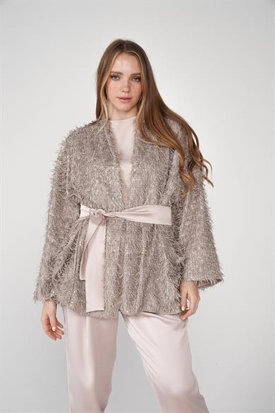 Dokuma Kumaş Kırçıllı Bel Kuşak Detaylı Simli Hırka Ceket Taş