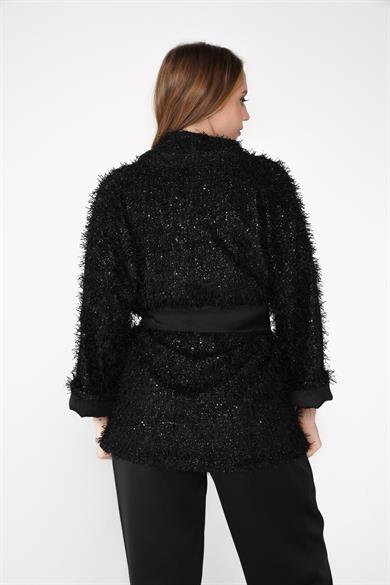 Dokuma Kumaş Kırçıllı Bel Kuşak Detaylı Simli Hırka Ceket Siyah