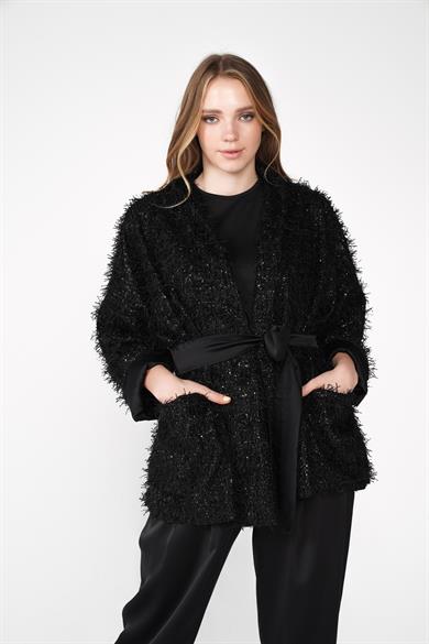 Dokuma Kumaş Kırçıllı Bel Kuşak Detaylı Simli Hırka Ceket Siyah