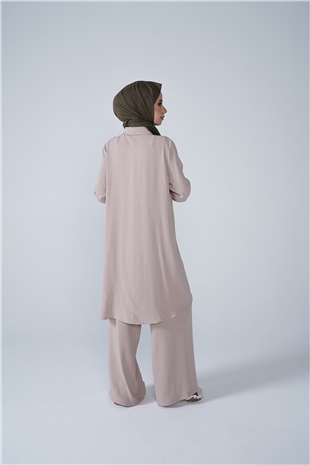 Düğmeli Cep Detaylı Bol Paça Aerobin İkili Takım Bej