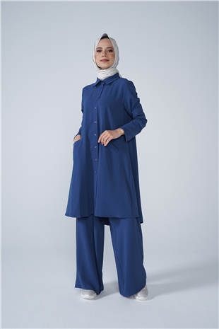 Düğmeli Cep Detaylı Bol Paça Aerobin İkili Takım Mavi