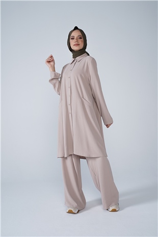 Düğmeli Cep Detaylı Bol Paça Aerobin İkili Takım Bej