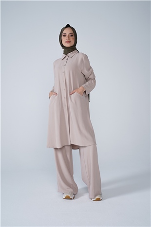 Düğmeli Cep Detaylı Bol Paça Aerobin İkili Takım Bej