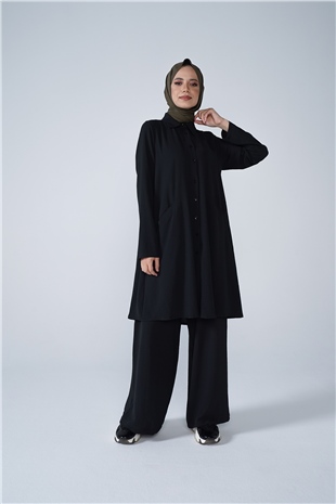 Düğmeli Cep Detaylı Bol Paça Aerobin İkili Takım Siyah
