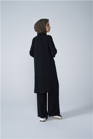 Düğmeli Cep Detaylı Bol Paça Aerobin İkili Takım Siyah