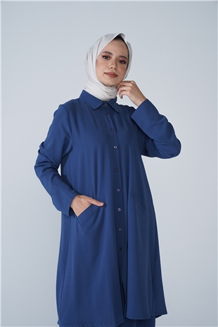 Düğmeli Cep Detaylı Bol Paça Aerobin İkili Takım Mavi