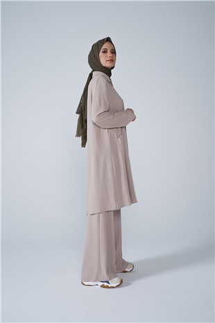 Düğmeli Cep Detaylı Bol Paça Aerobin İkili Takım Bej