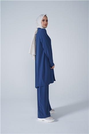 Düğmeli Cep Detaylı Bol Paça Aerobin İkili Takım Mavi