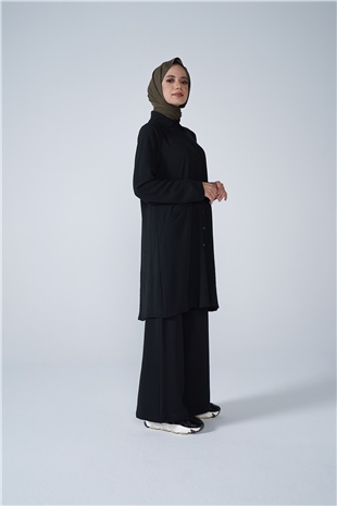 Düğmeli Cep Detaylı Bol Paça Aerobin İkili Takım Siyah