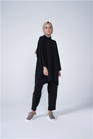 Gömlek Yaka Cep Ve Düğme Detaylı Berfin İkili Takım Siyah