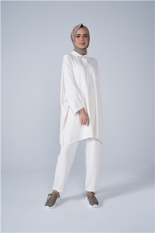 Gömlek Yaka Cep Ve Düğme Detaylı Berfin İkili Takım Ekru