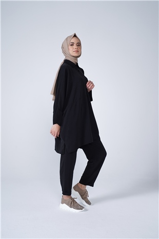 Gömlek Yaka Cep Ve Düğme Detaylı Berfin İkili Takım Siyah