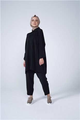 Gömlek Yaka Cep Ve Düğme Detaylı Berfin İkili Takım Siyah