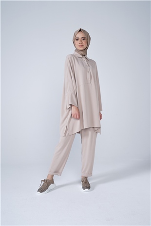 Gömlek Yaka Cep Ve Düğme Detaylı Berfin İkili Takım Vizon