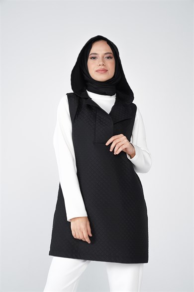 Jasmy Kapüşonlu Ve Cep Detaylı Kapitone Kumaş Süveter Siyah