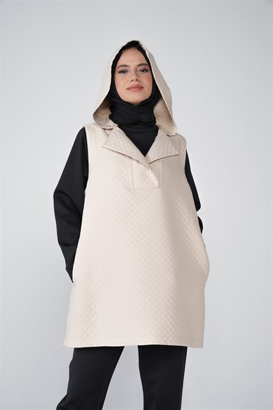 Jasmy Kapüşonlu Ve Cep Detaylı Kapitone Kumaş Süveter Taş