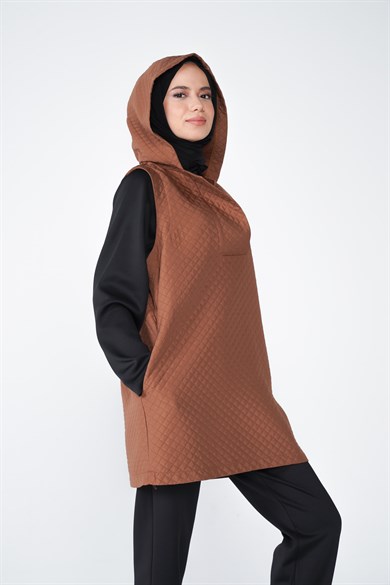 Jasmy Kapüşonlu Ve Cep Detaylı Kapitone Kumaş Süveter Kahve
