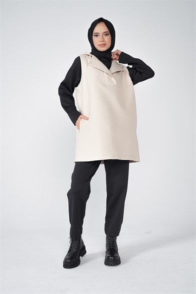 Jasmy Kapüşonlu Ve Cep Detaylı Kapitone Kumaş Süveter Taş