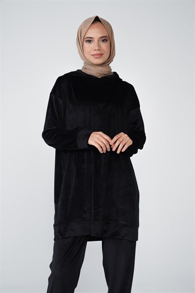 Kadife Kumaş Kapüşonlu Paça Lastik Detaylı Daphne İkili Takım Siyah