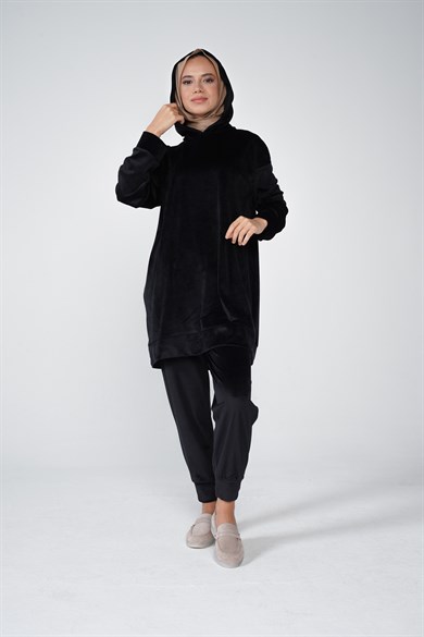 Kadife Kumaş Kapüşonlu Paça Lastik Detaylı Daphne İkili Takım Siyah