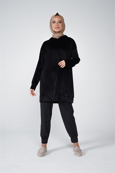 Kadife Kumaş Kapüşonlu Paça Lastik Detaylı Daphne İkili Takım Siyah