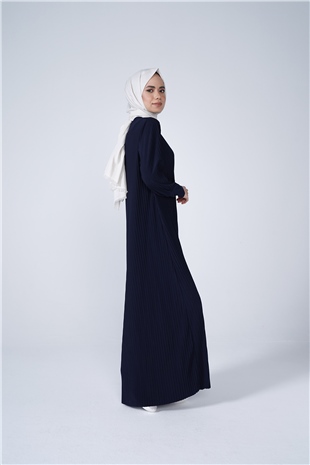 Kol Manşetli Bisiklet Yaka Piliseli Beyzi Uzun Elbise Lacivert
