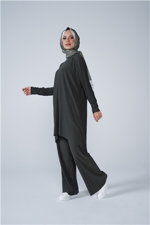 Kol Manşetli Bisiklet Yaka Piliseli Beyzi İkili Takım Haki