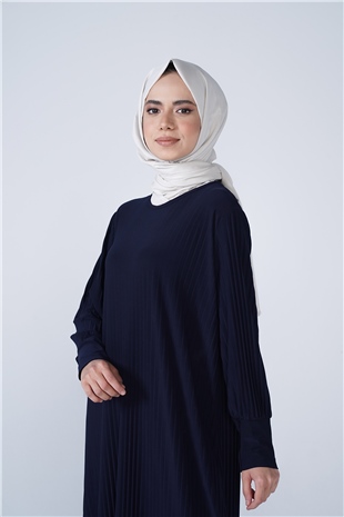 Kol Manşetli Bisiklet Yaka Piliseli Beyzi Uzun Elbise Lacivert