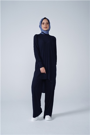 Kol Manşetli Bisiklet Yaka Piliseli Beyzi İkili Takım Lacivert