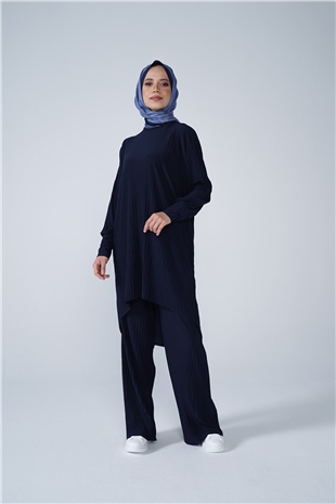 Kol Manşetli Bisiklet Yaka Piliseli Beyzi İkili Takım Lacivert