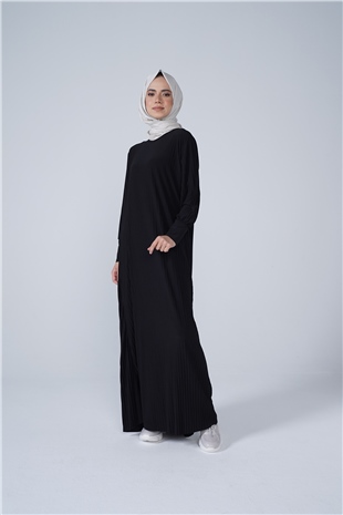 Kol Manşetli Bisiklet Yaka Piliseli Beyzi Uzun Elbise Siyah