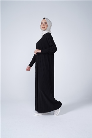 Kol Manşetli Bisiklet Yaka Piliseli Beyzi Uzun Elbise Siyah